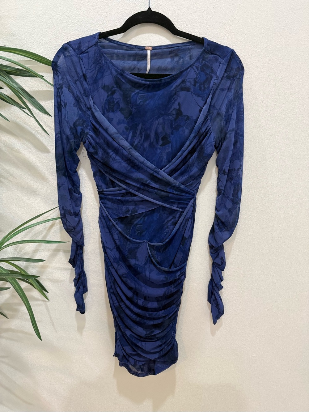 Free People Navy Blue Ruched Long-Sleeve Wrap Dress
